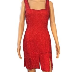 Vintage Black Tie Oleg Cassini Red Silk Beaded Cocktail Dress Size 4